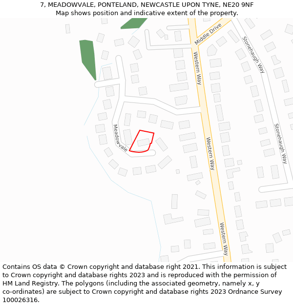 7, MEADOWVALE, PONTELAND, NEWCASTLE UPON TYNE, NE20 9NF: Location map and indicative extent of plot