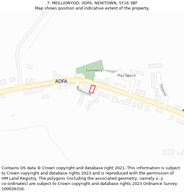 7, MEILLIONYDD, ADFA, NEWTOWN, SY16 3BF: Location map and indicative extent of plot