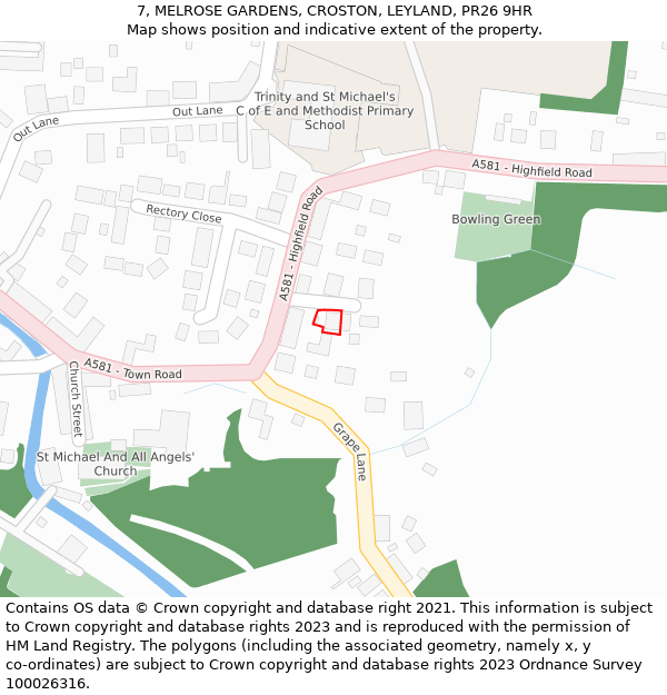 7, MELROSE GARDENS, CROSTON, LEYLAND, PR26 9HR: Location map and indicative extent of plot