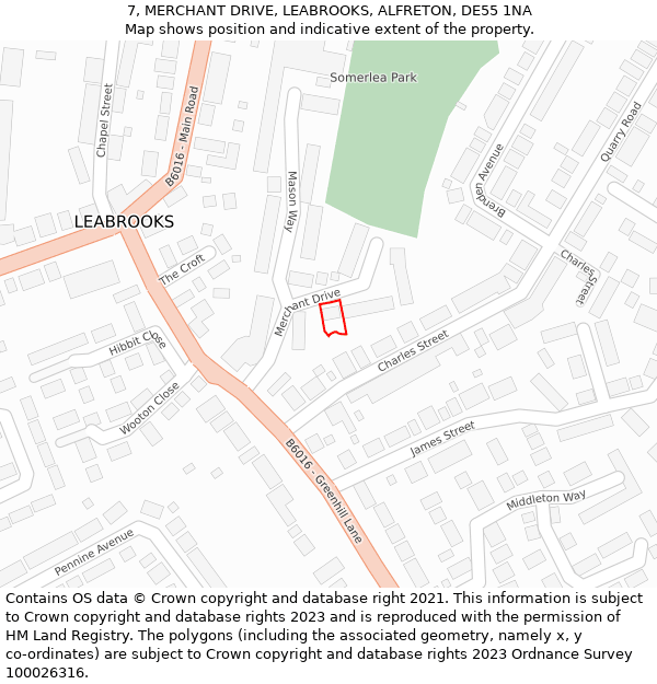 7, MERCHANT DRIVE, LEABROOKS, ALFRETON, DE55 1NA: Location map and indicative extent of plot