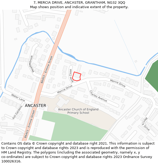 7, MERCIA DRIVE, ANCASTER, GRANTHAM, NG32 3QQ: Location map and indicative extent of plot
