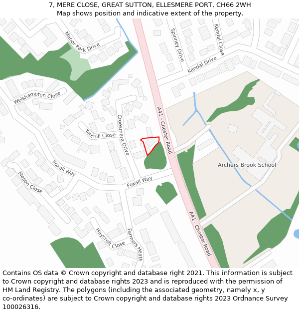 7, MERE CLOSE, GREAT SUTTON, ELLESMERE PORT, CH66 2WH: Location map and indicative extent of plot