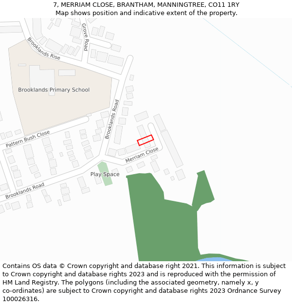7, MERRIAM CLOSE, BRANTHAM, MANNINGTREE, CO11 1RY: Location map and indicative extent of plot