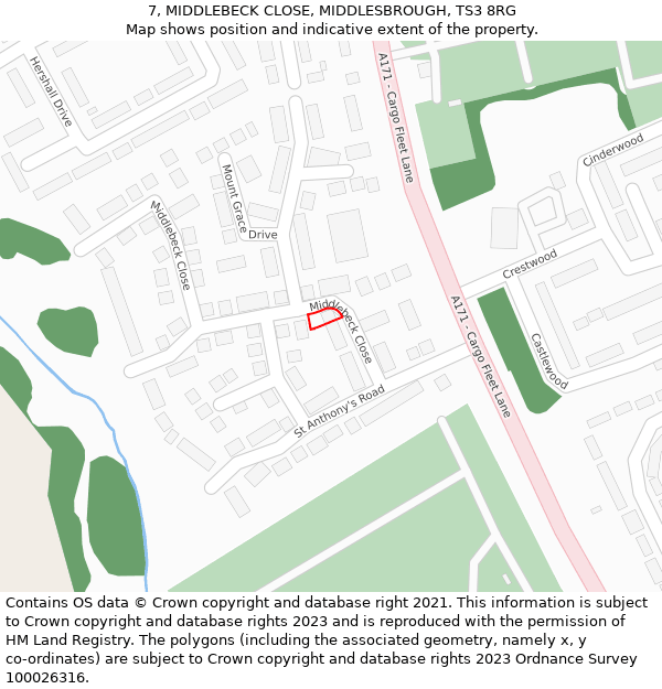 7, MIDDLEBECK CLOSE, MIDDLESBROUGH, TS3 8RG: Location map and indicative extent of plot