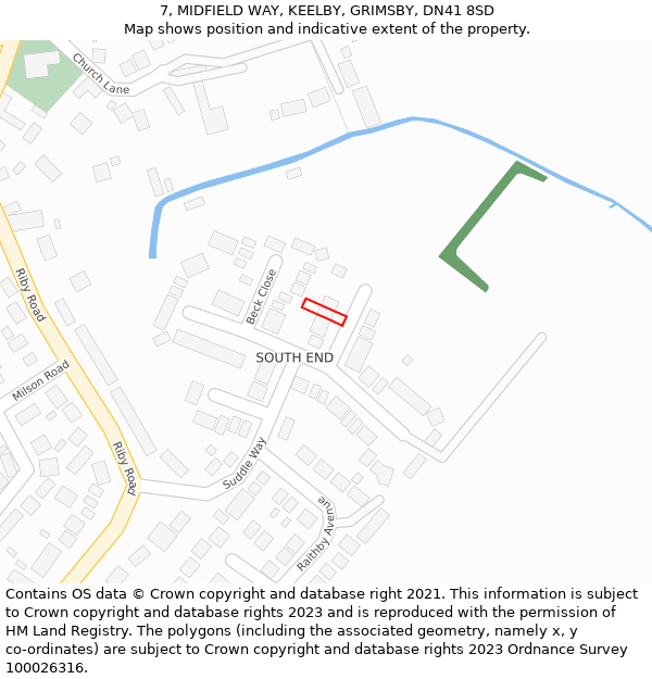 7, MIDFIELD WAY, KEELBY, GRIMSBY, DN41 8SD: Location map and indicative extent of plot