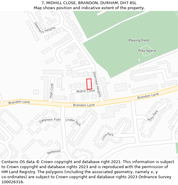 7, MIDHILL CLOSE, BRANDON, DURHAM, DH7 8SL: Location map and indicative extent of plot