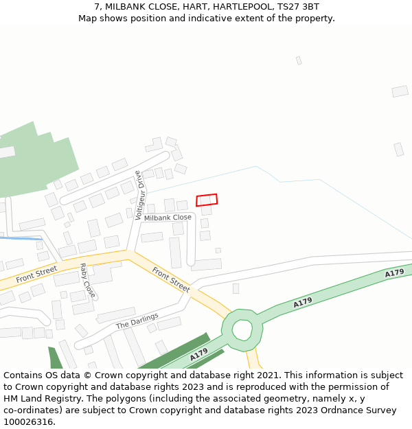 7, MILBANK CLOSE, HART, HARTLEPOOL, TS27 3BT: Location map and indicative extent of plot