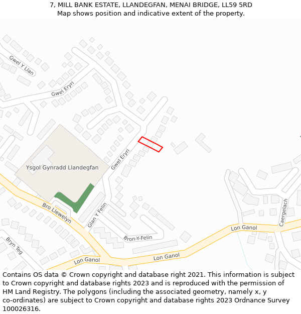 7, MILL BANK ESTATE, LLANDEGFAN, MENAI BRIDGE, LL59 5RD: Location map and indicative extent of plot