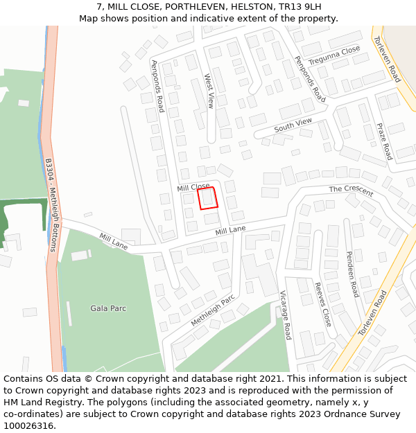 7, MILL CLOSE, PORTHLEVEN, HELSTON, TR13 9LH: Location map and indicative extent of plot