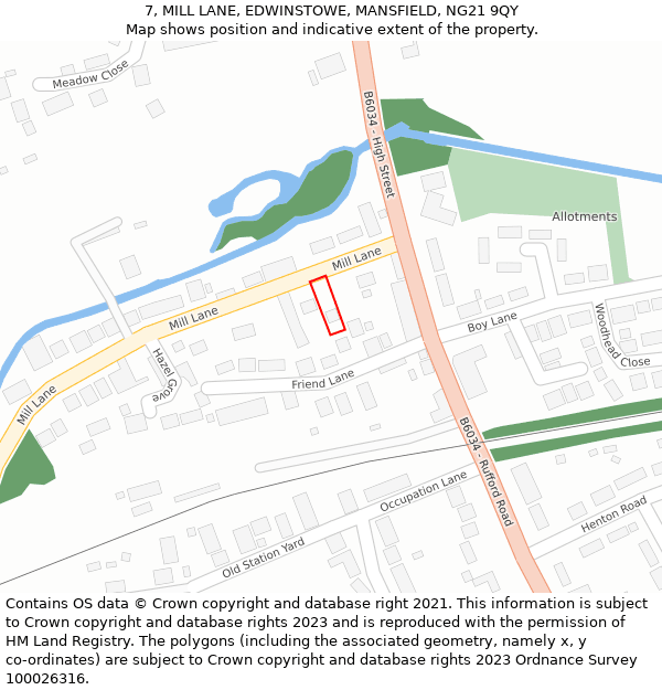 7, MILL LANE, EDWINSTOWE, MANSFIELD, NG21 9QY: Location map and indicative extent of plot