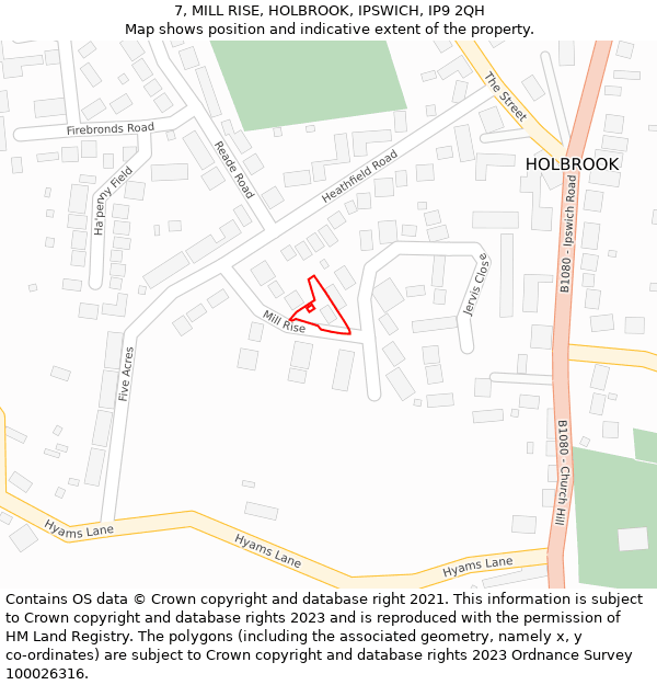 7, MILL RISE, HOLBROOK, IPSWICH, IP9 2QH: Location map and indicative extent of plot