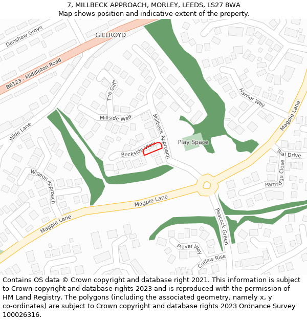 7, MILLBECK APPROACH, MORLEY, LEEDS, LS27 8WA: Location map and indicative extent of plot