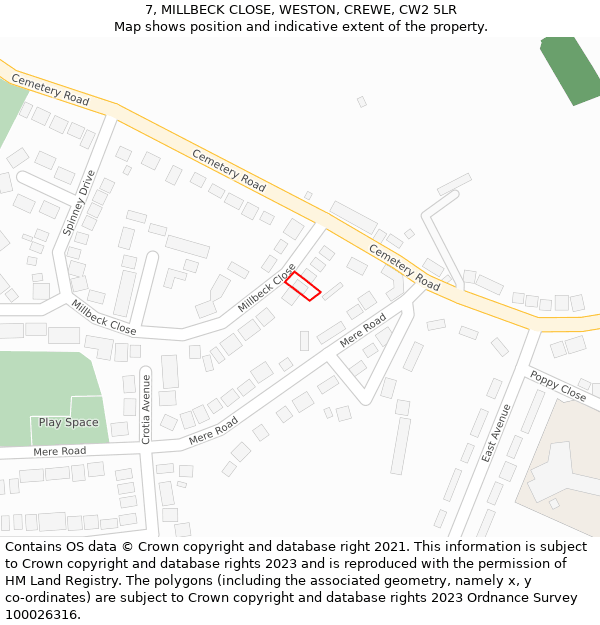 7, MILLBECK CLOSE, WESTON, CREWE, CW2 5LR: Location map and indicative extent of plot