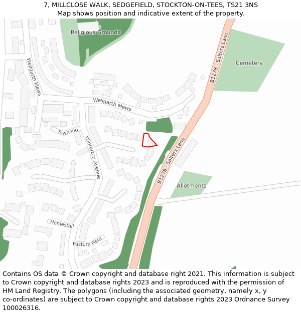 7, MILLCLOSE WALK, SEDGEFIELD, STOCKTON-ON-TEES, TS21 3NS: Location map and indicative extent of plot