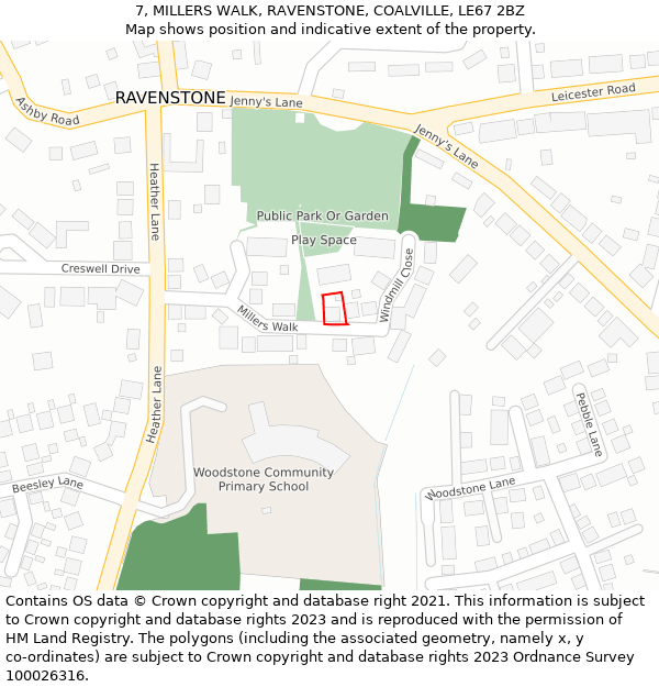 7, MILLERS WALK, RAVENSTONE, COALVILLE, LE67 2BZ: Location map and indicative extent of plot