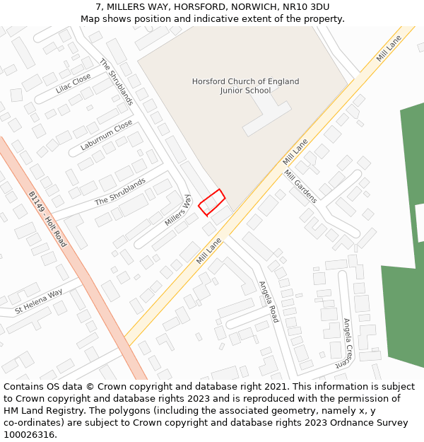 7, MILLERS WAY, HORSFORD, NORWICH, NR10 3DU: Location map and indicative extent of plot