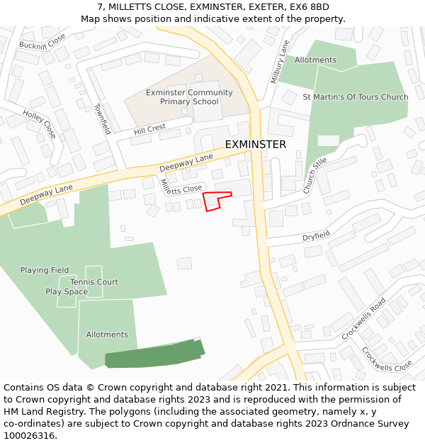 7, MILLETTS CLOSE, EXMINSTER, EXETER, EX6 8BD: Location map and indicative extent of plot