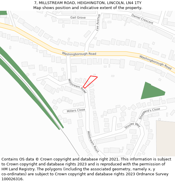 7, MILLSTREAM ROAD, HEIGHINGTON, LINCOLN, LN4 1TY: Location map and indicative extent of plot