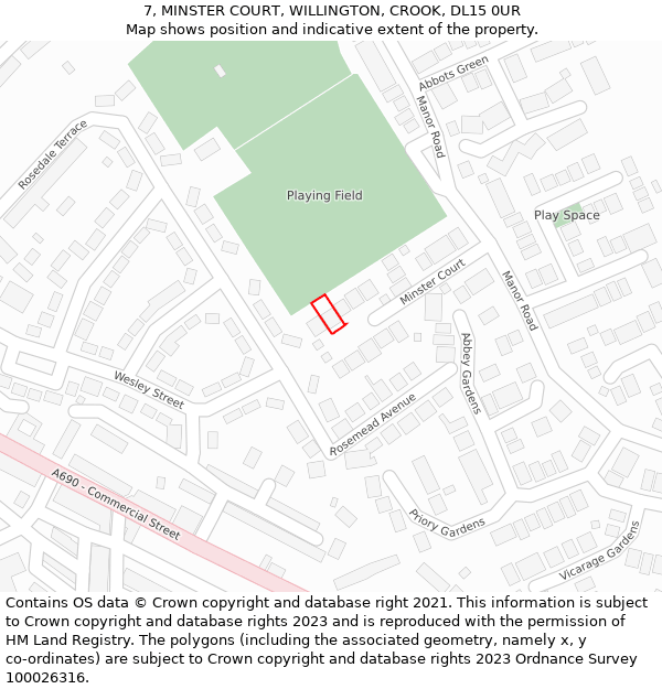 7, MINSTER COURT, WILLINGTON, CROOK, DL15 0UR: Location map and indicative extent of plot