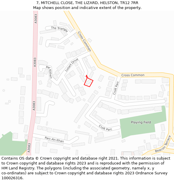 7, MITCHELL CLOSE, THE LIZARD, HELSTON, TR12 7RR: Location map and indicative extent of plot