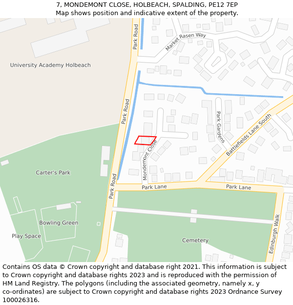 7, MONDEMONT CLOSE, HOLBEACH, SPALDING, PE12 7EP: Location map and indicative extent of plot