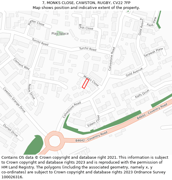 7, MONKS CLOSE, CAWSTON, RUGBY, CV22 7FP: Location map and indicative extent of plot