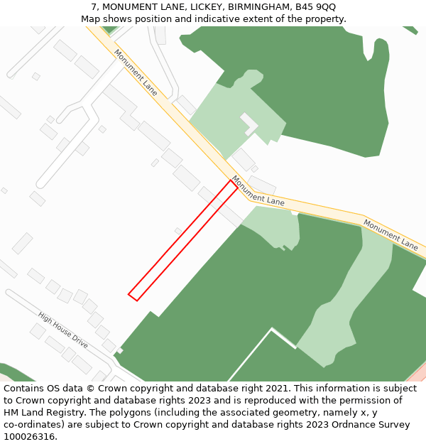 7, MONUMENT LANE, LICKEY, BIRMINGHAM, B45 9QQ: Location map and indicative extent of plot