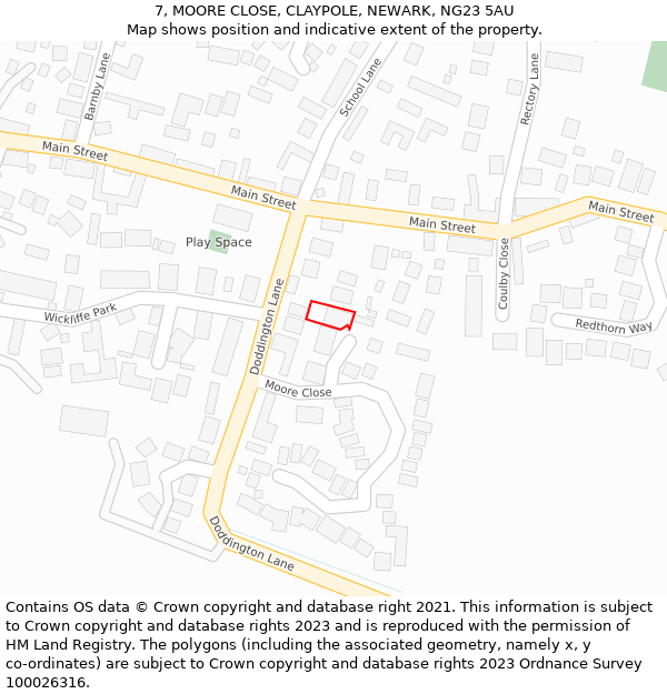 7, MOORE CLOSE, CLAYPOLE, NEWARK, NG23 5AU: Location map and indicative extent of plot