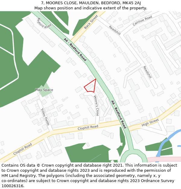 7, MOORES CLOSE, MAULDEN, BEDFORD, MK45 2AJ: Location map and indicative extent of plot