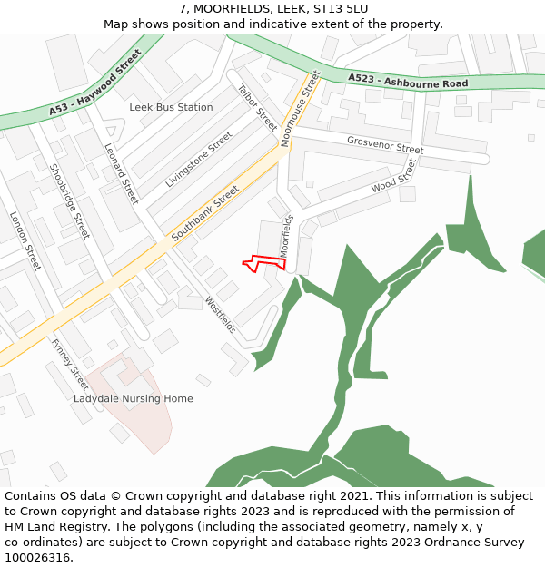 7, MOORFIELDS, LEEK, ST13 5LU: Location map and indicative extent of plot