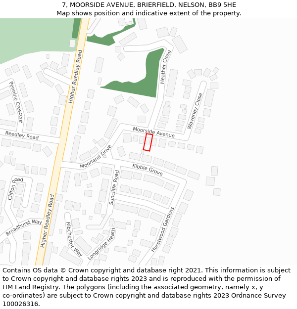 7, MOORSIDE AVENUE, BRIERFIELD, NELSON, BB9 5HE: Location map and indicative extent of plot