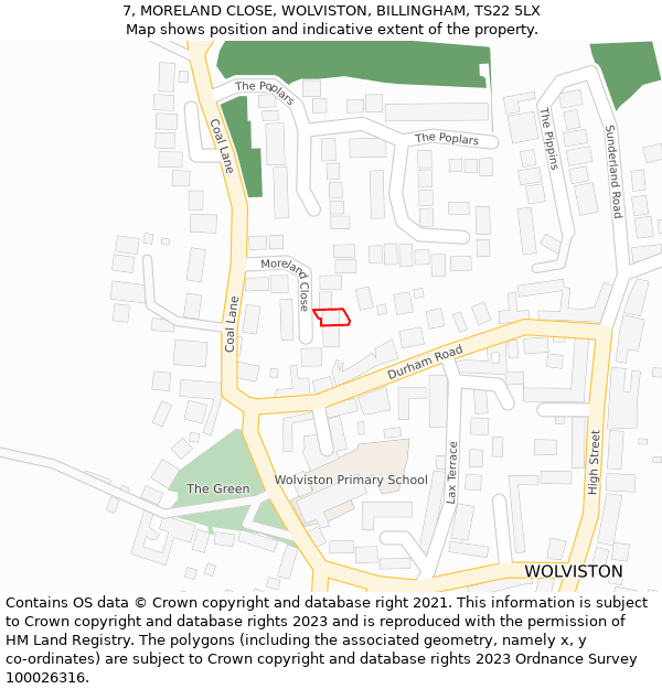 7, MORELAND CLOSE, WOLVISTON, BILLINGHAM, TS22 5LX: Location map and indicative extent of plot