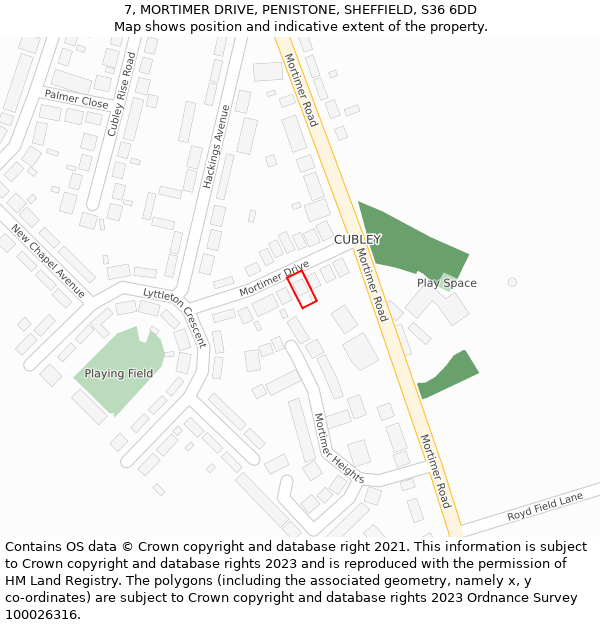 7, MORTIMER DRIVE, PENISTONE, SHEFFIELD, S36 6DD: Location map and indicative extent of plot