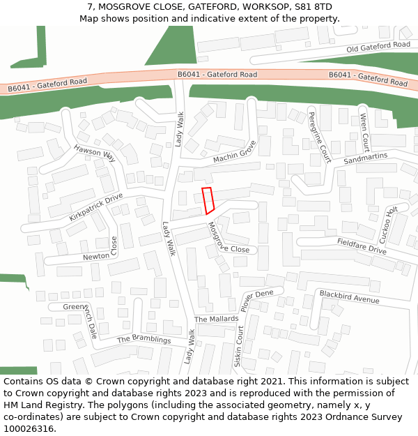 7, MOSGROVE CLOSE, GATEFORD, WORKSOP, S81 8TD: Location map and indicative extent of plot