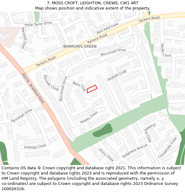 7, MOSS CROFT, LEIGHTON, CREWE, CW1 4RT: Location map and indicative extent of plot