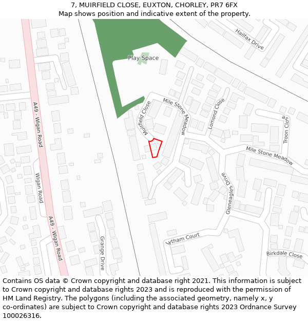 7, MUIRFIELD CLOSE, EUXTON, CHORLEY, PR7 6FX: Location map and indicative extent of plot