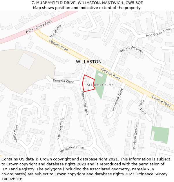 7, MURRAYFIELD DRIVE, WILLASTON, NANTWICH, CW5 6QE: Location map and indicative extent of plot