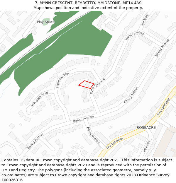 7, MYNN CRESCENT, BEARSTED, MAIDSTONE, ME14 4AS: Location map and indicative extent of plot