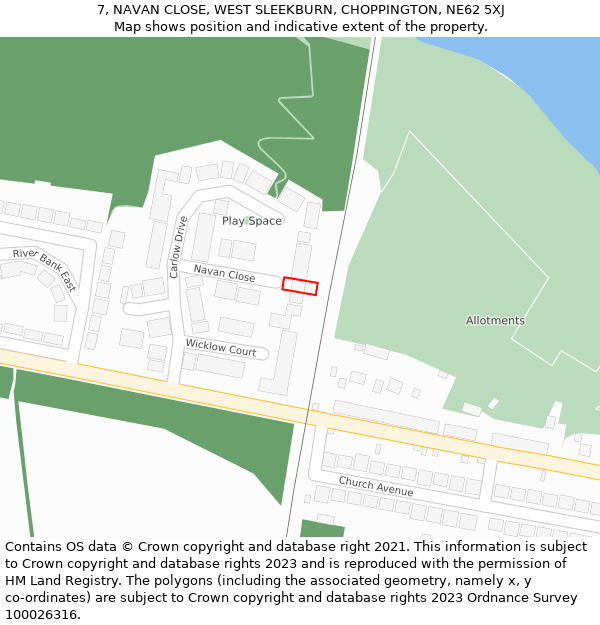 7, NAVAN CLOSE, WEST SLEEKBURN, CHOPPINGTON, NE62 5XJ: Location map and indicative extent of plot