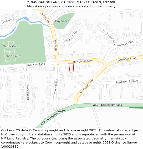 7, NAVIGATION LANE, CAISTOR, MARKET RASEN, LN7 6NH: Location map and indicative extent of plot