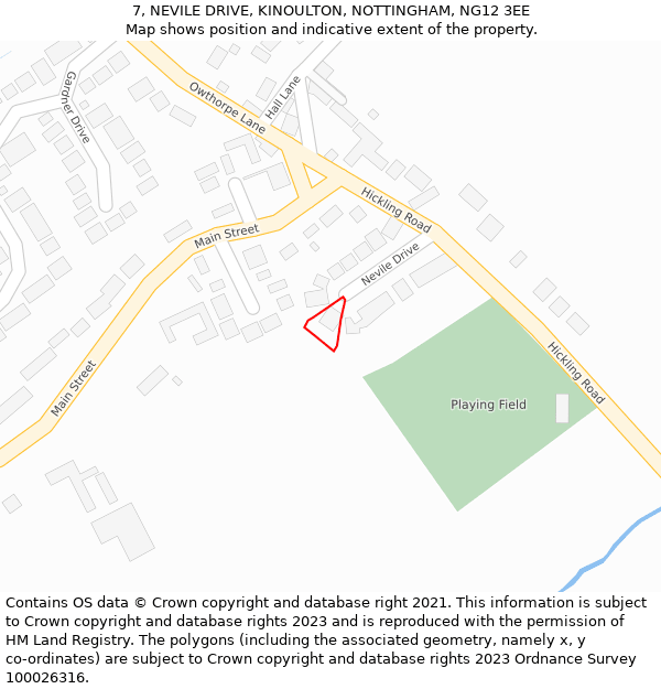 7, NEVILE DRIVE, KINOULTON, NOTTINGHAM, NG12 3EE: Location map and indicative extent of plot
