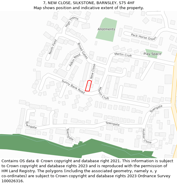 7, NEW CLOSE, SILKSTONE, BARNSLEY, S75 4HF: Location map and indicative extent of plot