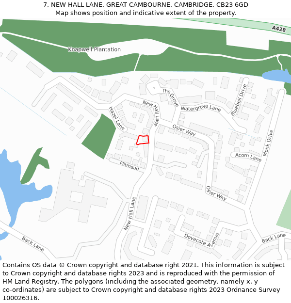 7, NEW HALL LANE, GREAT CAMBOURNE, CAMBRIDGE, CB23 6GD: Location map and indicative extent of plot