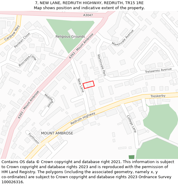 7, NEW LANE, REDRUTH HIGHWAY, REDRUTH, TR15 1RE: Location map and indicative extent of plot