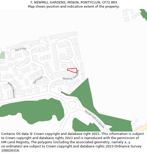 7, NEWMILL GARDENS, MISKIN, PONTYCLUN, CF72 8RX: Location map and indicative extent of plot