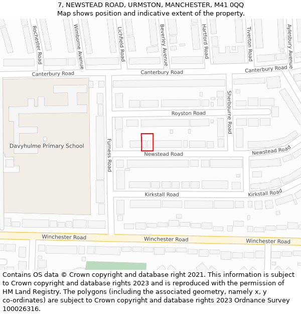 7, NEWSTEAD ROAD, URMSTON, MANCHESTER, M41 0QQ: Location map and indicative extent of plot