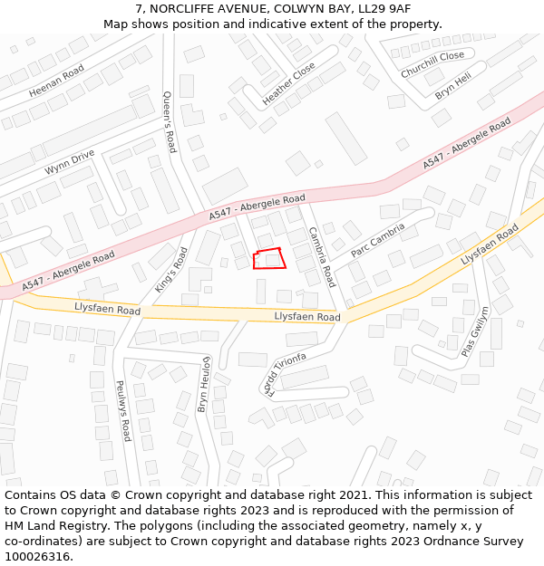 7, NORCLIFFE AVENUE, COLWYN BAY, LL29 9AF: Location map and indicative extent of plot