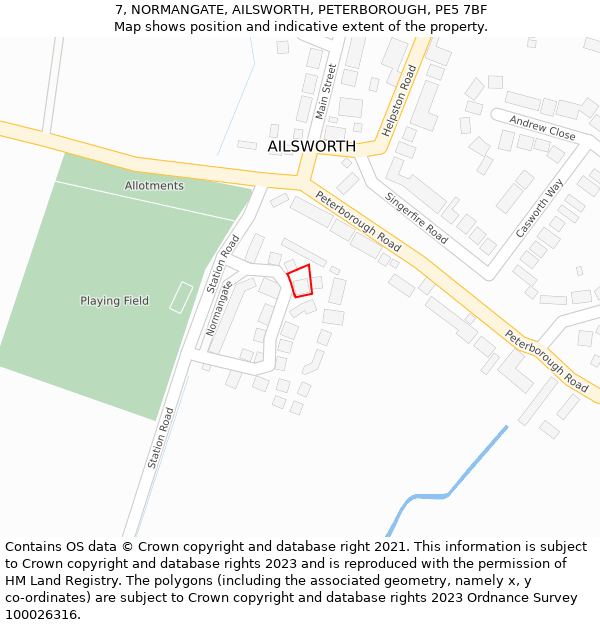 7, NORMANGATE, AILSWORTH, PETERBOROUGH, PE5 7BF: Location map and indicative extent of plot