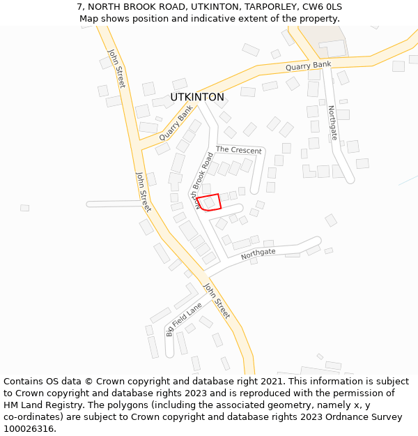 7, NORTH BROOK ROAD, UTKINTON, TARPORLEY, CW6 0LS: Location map and indicative extent of plot