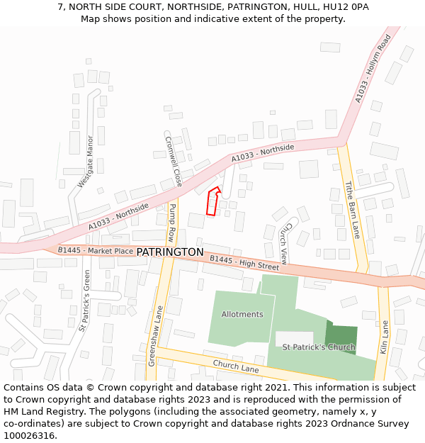 7, NORTH SIDE COURT, NORTHSIDE, PATRINGTON, HULL, HU12 0PA: Location map and indicative extent of plot